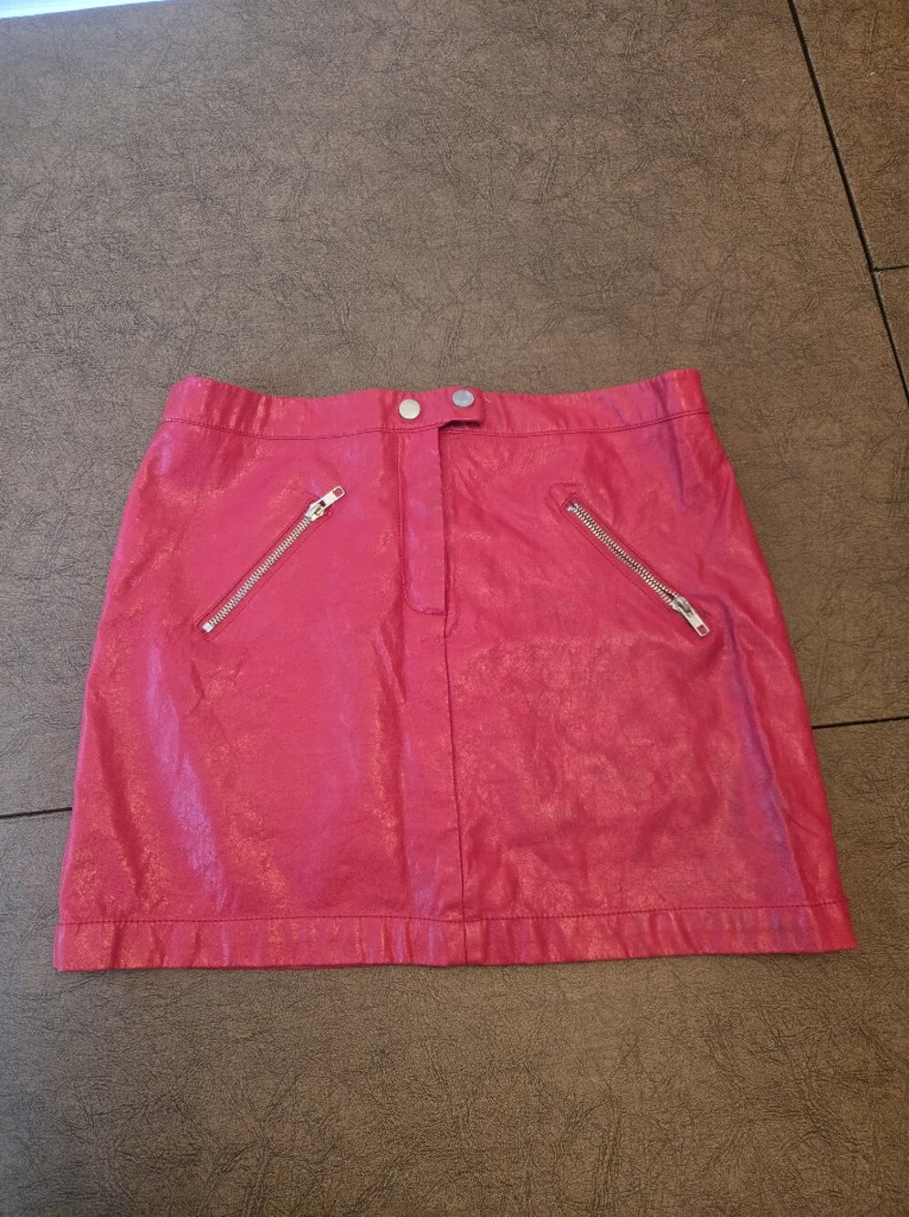 Women's Red Faux Leather Mini Skirt with Zip Pockets and snap opening